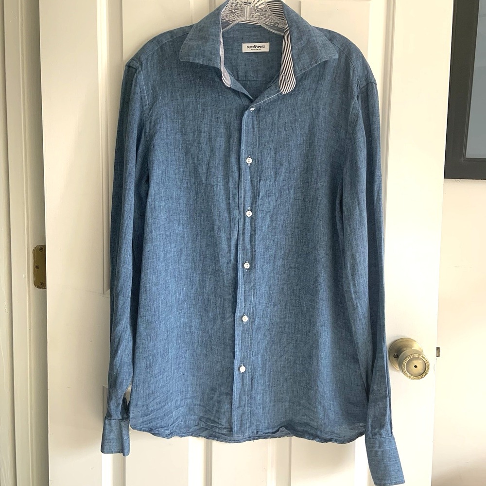 NeroSFumato Positano Men's Linen Long Sleeve Flip Cuff Shirt Chambray Blue sz L